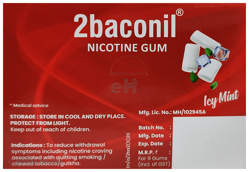 2baconil Nicotine Icy Mint Sugar Free 2mg (9 Gums Each) | Helps to Quit Smoking & Chewing Tobacco/Gutkha