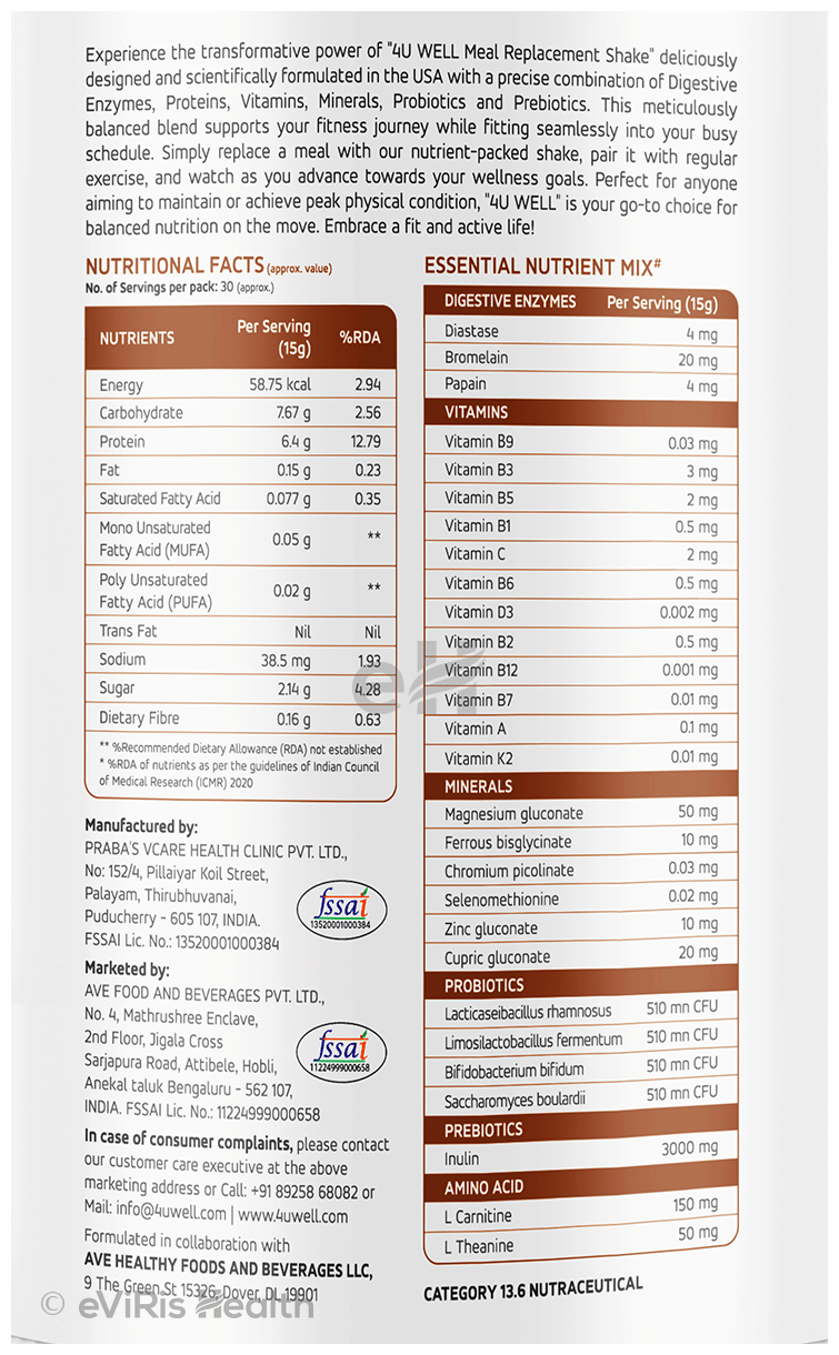 4 U Well Meal Replacement Shake Powder Chocolate