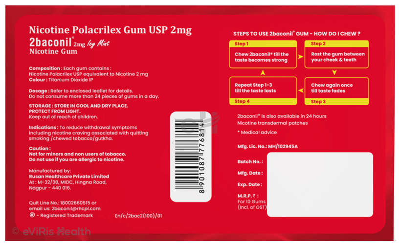 2baconil Nicotine Sugar Free Gums 2mg | Helps to Quit Smoking & Chewing Tobacco/Gutkha | Icy Mint