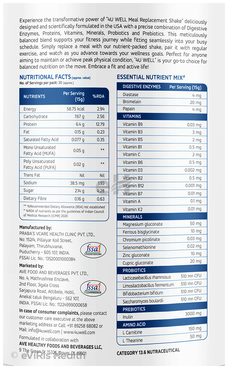 4 U Well Meal Replacement Shake Powder Vanilla