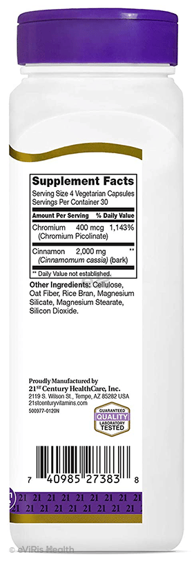 21st Century Cinnamon 2000mg Plus Chromium Vegetarian Capsule