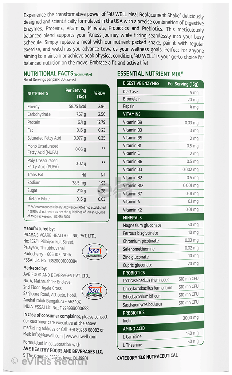 4 U Well Meal Replacement Shake Powder Mango
