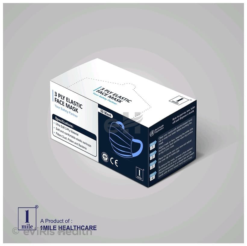 1Mile Blue Universal 3 Ply Disposable Surgical Face Mask with Nose Pin
