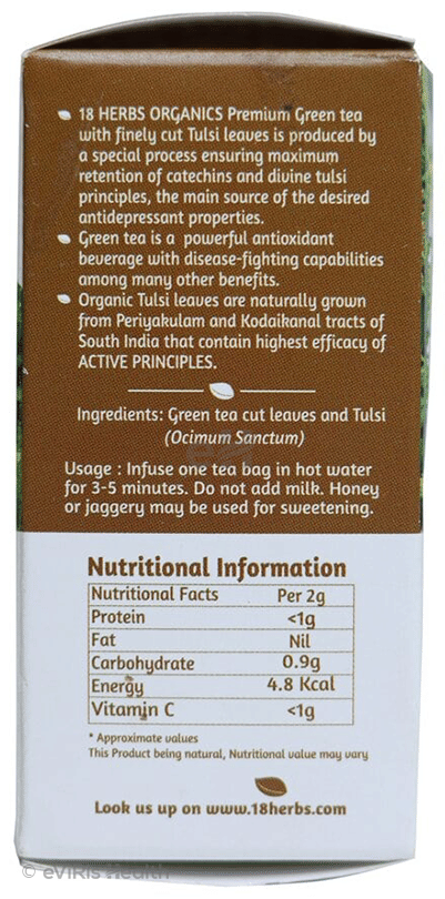 18 Herbs Organics Green Tea Bag (1.25gm Each) with Tulsi