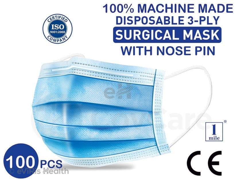 1Mile Blue Universal 3 Ply Disposable Surgical Face Mask with Nose Pin