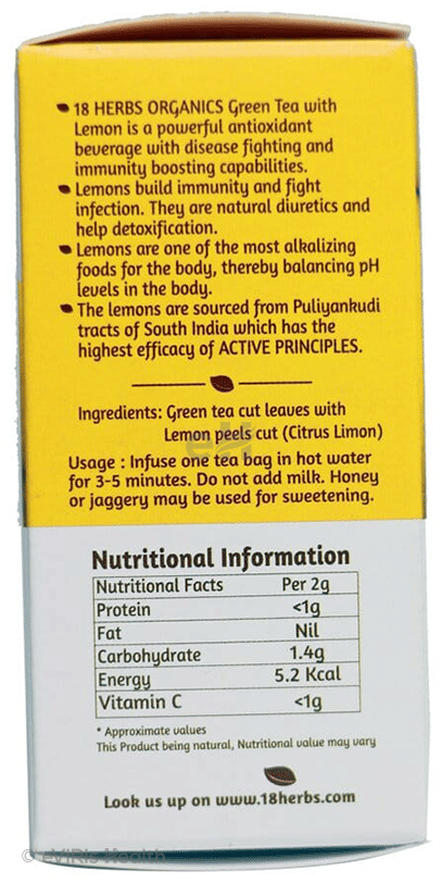 18 Herbs Organics Green Tea Bag (1.25gm Each) with Lemon