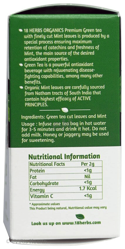 18 Herbs Organics Green Tea Bag (1.25gm Each) with Mint